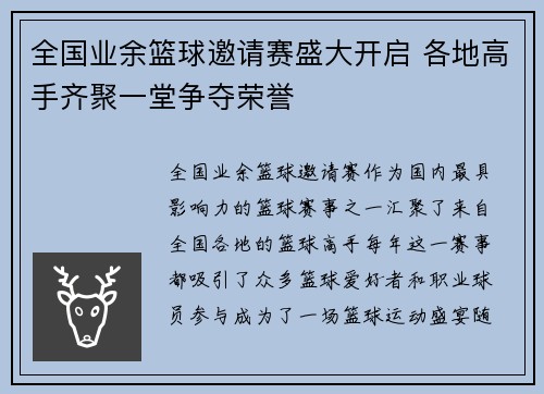 全国业余篮球邀请赛盛大开启 各地高手齐聚一堂争夺荣誉