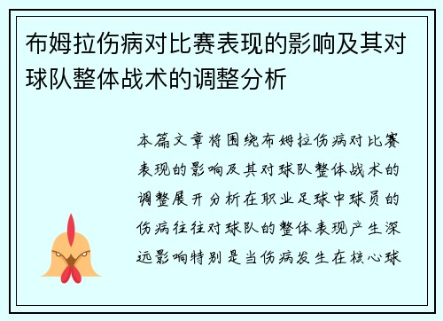 布姆拉伤病对比赛表现的影响及其对球队整体战术的调整分析